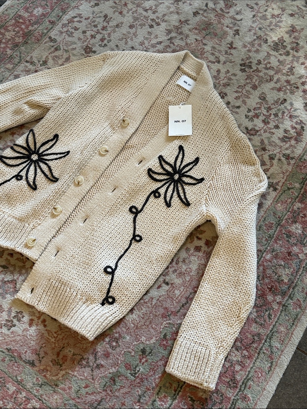 A.P.C. Cream Knit Cardigan with Black Floral Appliqué - Picture 4 of 16
